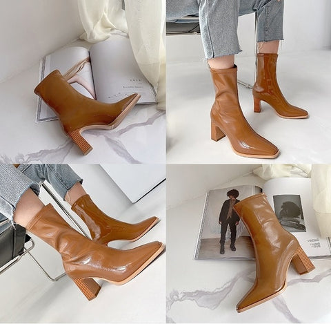 Autumn and Winter Fashion Chunky Square Toe Stretch High Heel Short Boots CODE: KAR1673