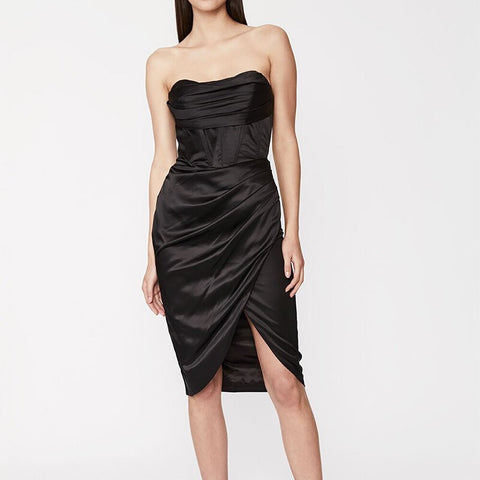 Sexy Elegant Sleeveless Split Ruched Lining Zipper Strapless Bodycon Black Corset Dress CODE: KAR1677