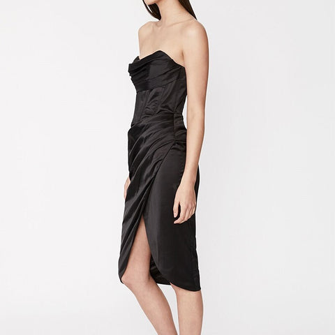 Sexy Elegant Sleeveless Split Ruched Lining Zipper Strapless Bodycon Black Corset Dress CODE: KAR1677