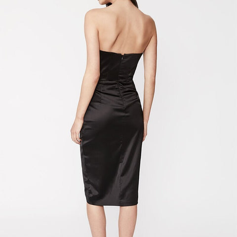 Sexy Elegant Sleeveless Split Ruched Lining Zipper Strapless Bodycon Black Corset Dress CODE: KAR1677