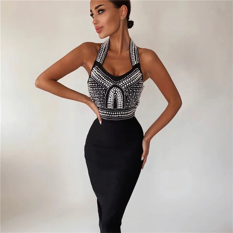 Top Quality High Street Sexy Off Shoulder Sleeveless Beading Shining Knee Length Bandage Dress CODE: KAR1684