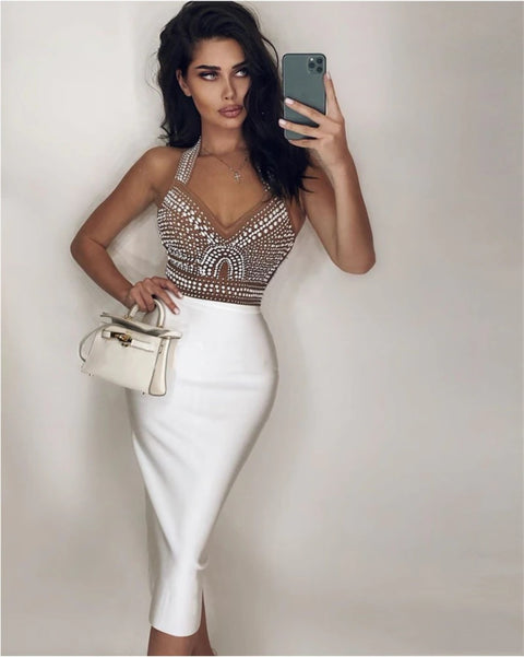 Top Quality High Street Sexy Off Shoulder Sleeveless Beading Shining Knee Length Bandage Dress CODE: KAR1684