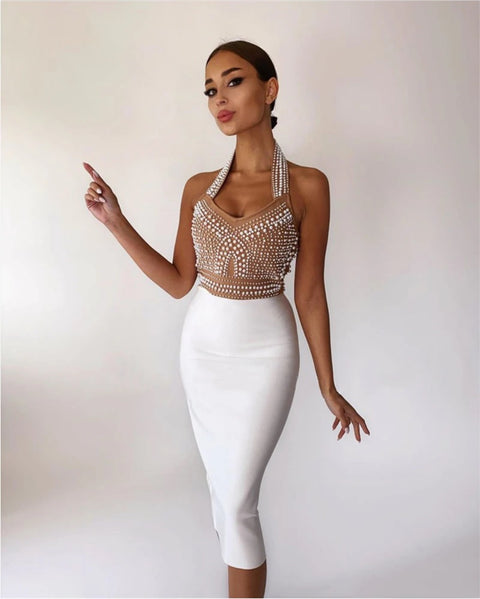 Top Quality High Street Sexy Off Shoulder Sleeveless Beading Shining Knee Length Bandage Dress CODE: KAR1684