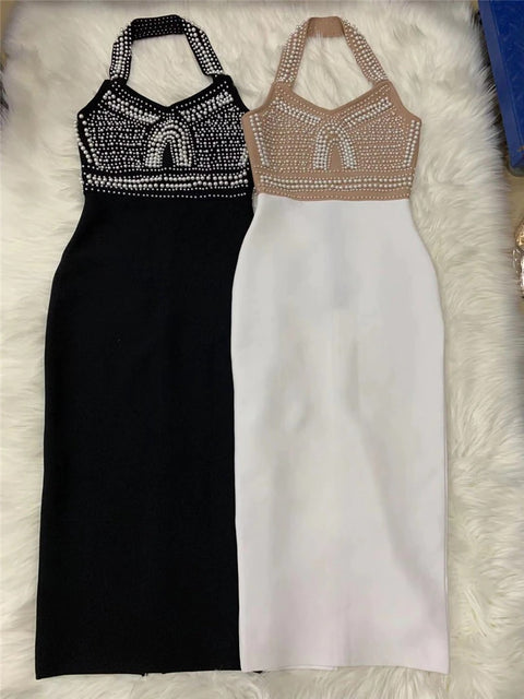 Top Quality High Street Sexy Off Shoulder Sleeveless Beading Shining Knee Length Bandage Dress CODE: KAR1684