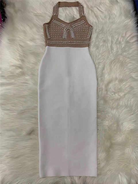 Top Quality High Street Sexy Off Shoulder Sleeveless Beading Shining Knee Length Bandage Dress CODE: KAR1684