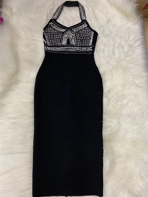 Top Quality High Street Sexy Off Shoulder Sleeveless Beading Shining Knee Length Bandage Dress CODE: KAR1684