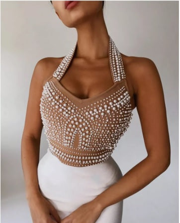 Top Quality High Street Sexy Off Shoulder Sleeveless Beading Shining Knee Length Bandage Dress CODE: KAR1684