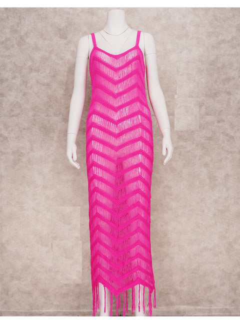 New Summer Crochet Tunic Sexy Strapped Hollow Out Fringed Maxi Dress CODE: KAR1705