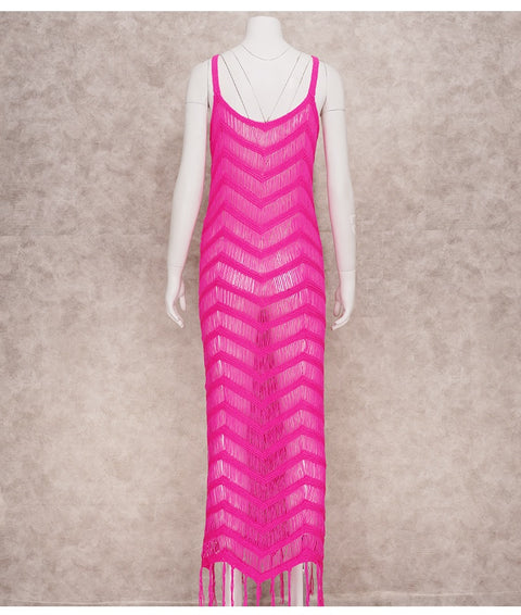 New Summer Crochet Tunic Sexy Strapped Hollow Out Fringed Maxi Dress CODE: KAR1705