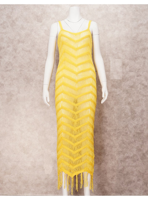 New Summer Crochet Tunic Sexy Strapped Hollow Out Fringed Maxi Dress CODE: KAR1705