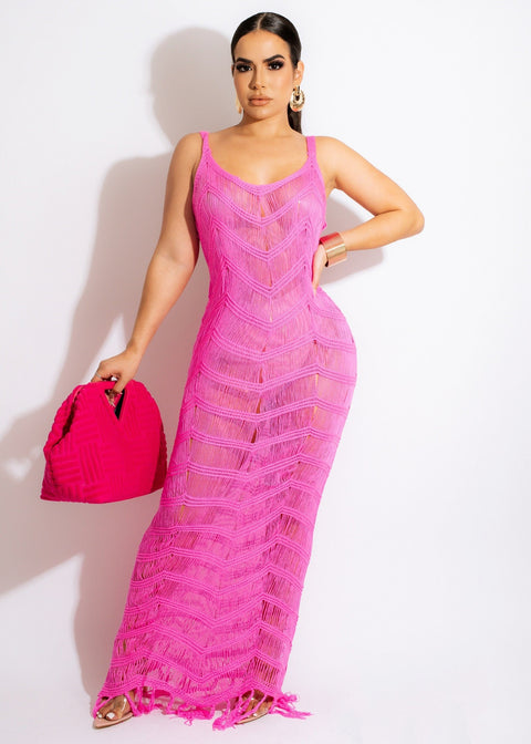 New Summer Crochet Tunic Sexy Strapped Hollow Out Fringed Maxi Dress CODE: KAR1705