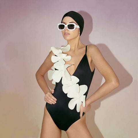 One-Shoulder Sexy Chest Big Flower Triangle Solid Color One Piece Swimsuit CODE: KAR1709
