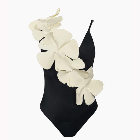 One-Shoulder Sexy Chest Big Flower Triangle Solid Color One Piece Swimsuit CODE: KAR1709