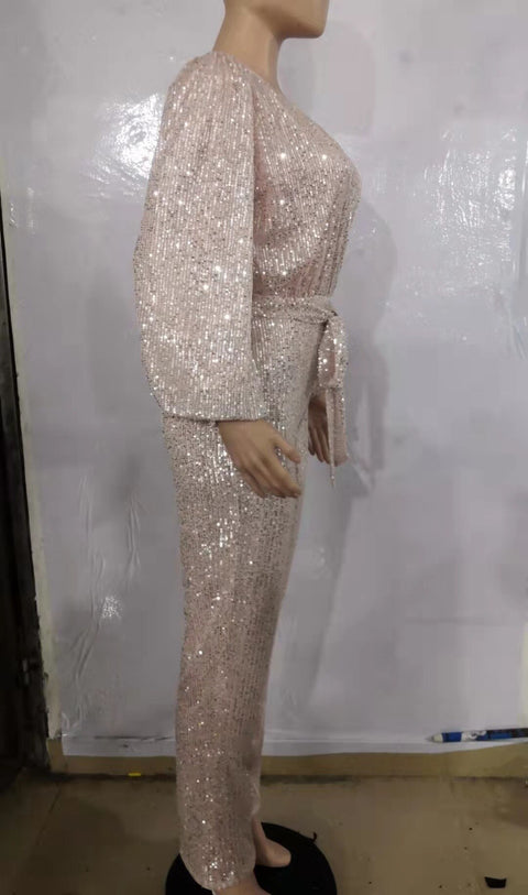 Sexy V Neck Lantern Sleeve Zipper Elegant Sequins Jumpsuit CODE: KAR1712