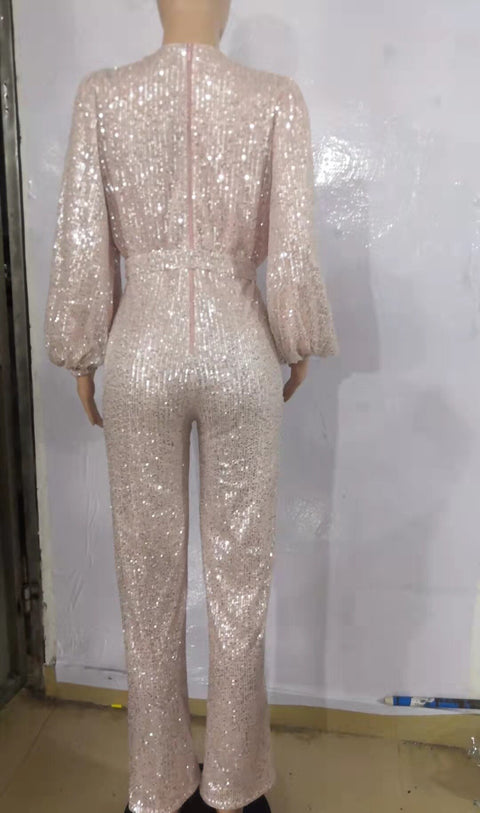 Sexy V Neck Lantern Sleeve Zipper Elegant Sequins Jumpsuit CODE: KAR1712