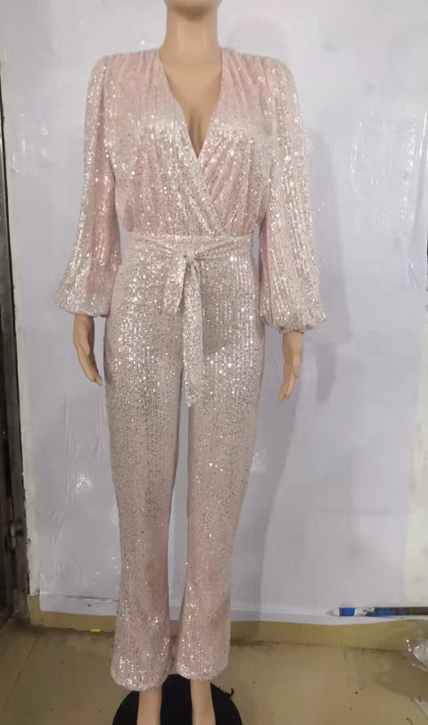 Sexy V Neck Lantern Sleeve Zipper Elegant Sequins Jumpsuit CODE: KAR1712