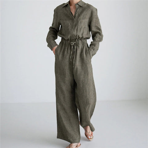 New Fashion Linen Lapel Wide Leg With Pocket Jumpsuit CODE: KAR1721