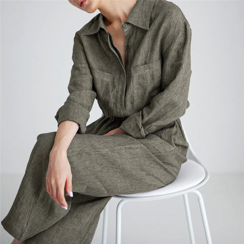 New Fashion Linen Lapel Wide Leg With Pocket Jumpsuit CODE: KAR1721