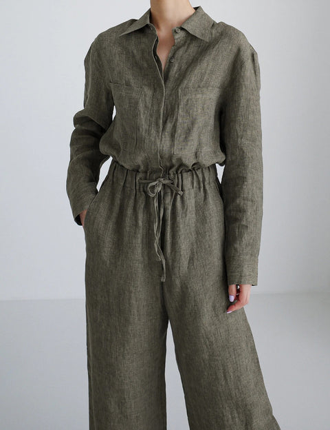 New Fashion Linen Lapel Wide Leg With Pocket Jumpsuit CODE: KAR1721
