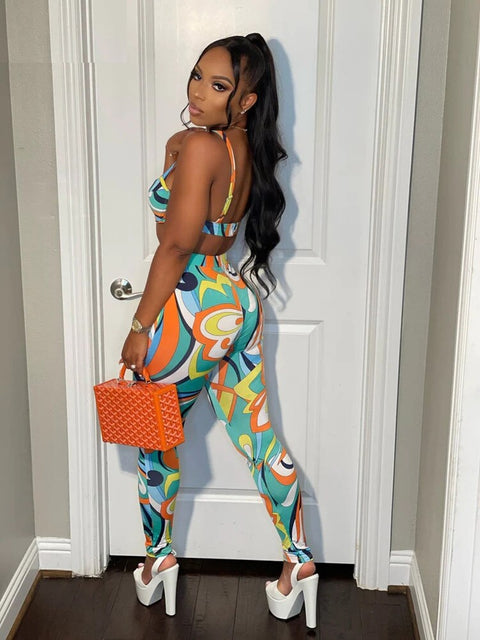 Sexy Bra + Casual Skinny High Waist Pants Aesthetic Print Two Piece Set CODE: KAR1724