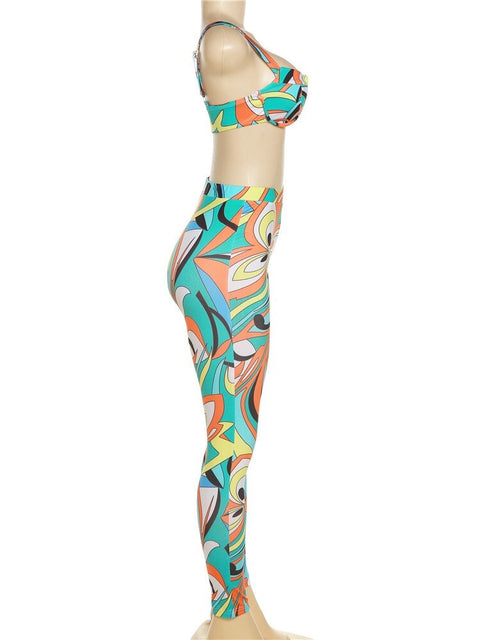 Sexy Bra + Casual Skinny High Waist Pants Aesthetic Print Two Piece Set CODE: KAR1724