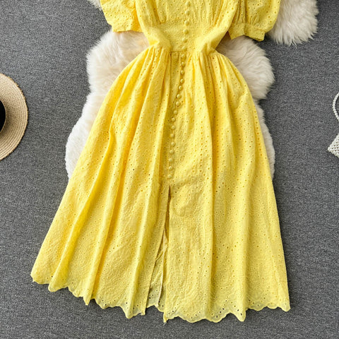 Elegant Hollow Out V Neck Elastic Waist  Mori Style Loose Long Slim Dress CODE: KAR1734
