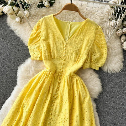 Elegant Hollow Out V Neck Elastic Waist  Mori Style Loose Long Slim Dress CODE: KAR1734