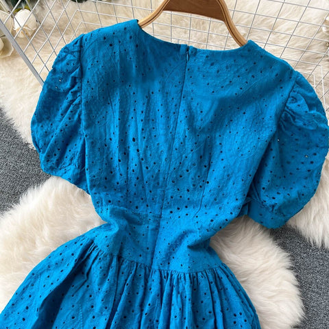 Elegant Hollow Out V Neck Elastic Waist  Mori Style Loose Long Slim Dress CODE: KAR1734