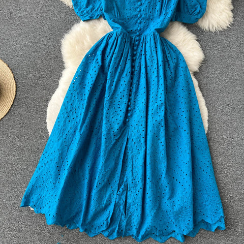 Elegant Hollow Out V Neck Elastic Waist  Mori Style Loose Long Slim Dress CODE: KAR1734