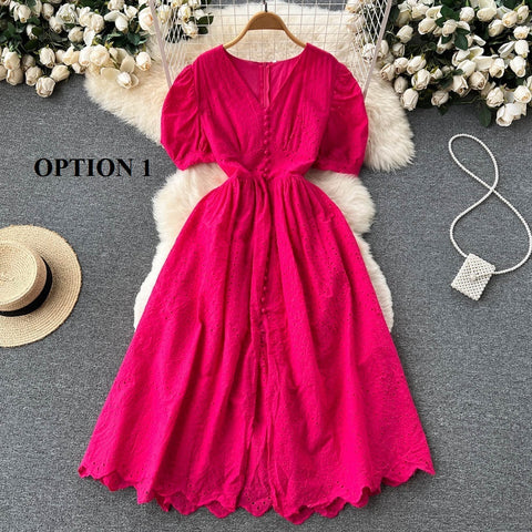 Elegant Hollow Out V Neck Elastic Waist  Mori Style Loose Long Slim Dress CODE: KAR1734