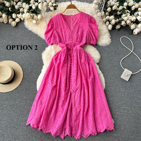 Elegant Hollow Out V Neck Elastic Waist  Mori Style Loose Long Slim Dress CODE: KAR1734