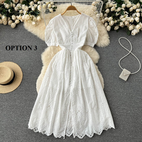 Elegant Hollow Out V Neck Elastic Waist  Mori Style Loose Long Slim Dress CODE: KAR1734