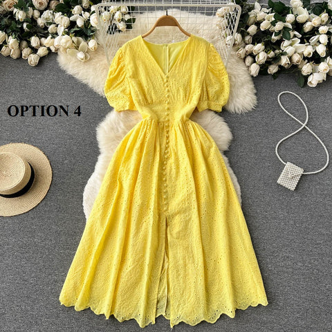 Elegant Hollow Out V Neck Elastic Waist  Mori Style Loose Long Slim Dress CODE: KAR1734