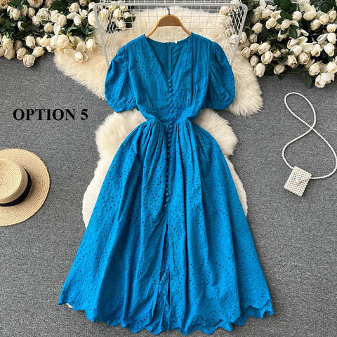 Elegant Hollow Out V Neck Elastic Waist  Mori Style Loose Long Slim Dress CODE: KAR1734