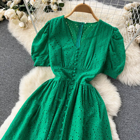 Elegant Hollow Out V Neck Elastic Waist  Mori Style Loose Long Slim Dress CODE: KAR1734