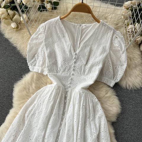 Elegant Hollow Out V Neck Elastic Waist  Mori Style Loose Long Slim Dress CODE: KAR1734