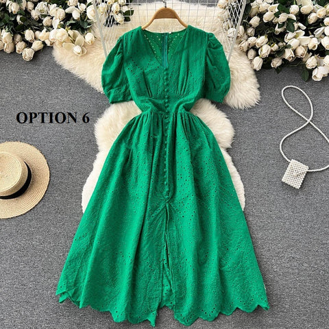 Elegant Hollow Out V Neck Elastic Waist  Mori Style Loose Long Slim Dress CODE: KAR1734