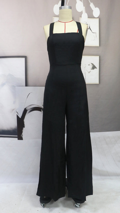 New One-piece Wide Straight Leg Mid-waist Backless Pant Thin Style Loose Jumpsuit CODE: KAR1739