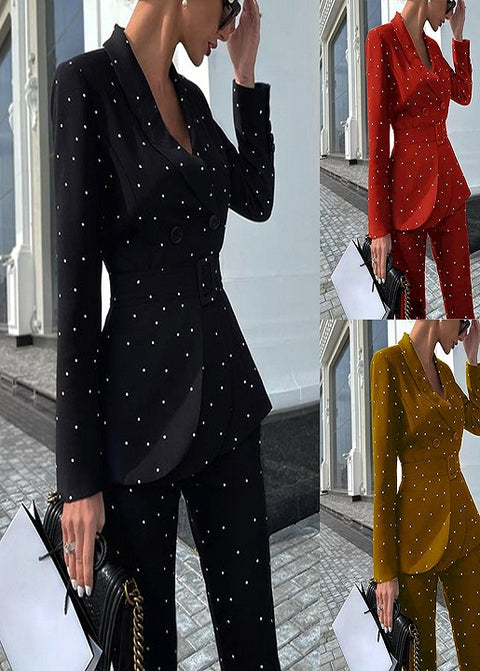 Autumn and Winter Style Elegant Polka Dot Long-sleeved Jacket Pant New Two-piece Set CODE: KAR1748