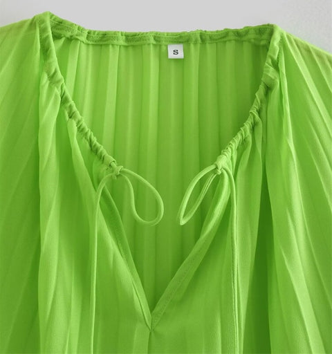 New V Neck Solid Pleated Smock Long Sleeve Casual Kimono Top CODE: KAR1751