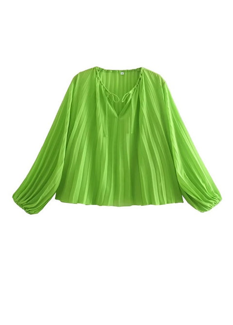 New V Neck Solid Pleated Smock Long Sleeve Casual Kimono Top CODE: KAR1751