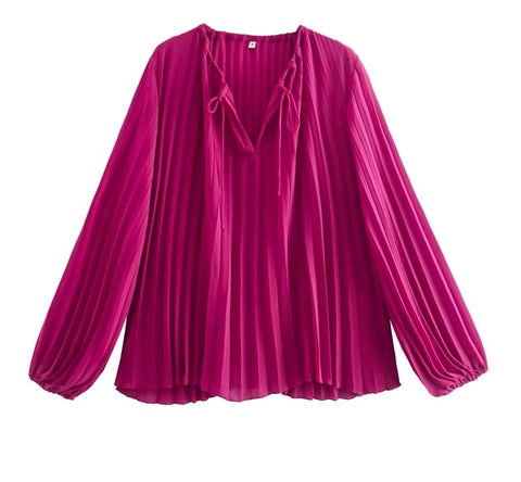 New V Neck Solid Pleated Smock Long Sleeve Casual Kimono Top CODE: KAR1751