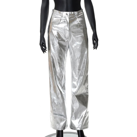 New Fashion Metallic Sparkling Elastic Waist Straight-Leg Pants CODE: KAR1754