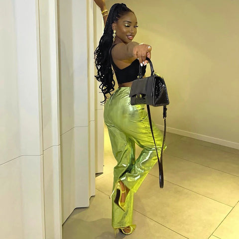 New Fashion Metallic Sparkling Elastic Waist Straight-Leg Pants CODE: KAR1754