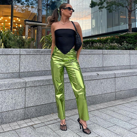 New Fashion Metallic Sparkling Elastic Waist Straight-Leg Pants CODE: KAR1754
