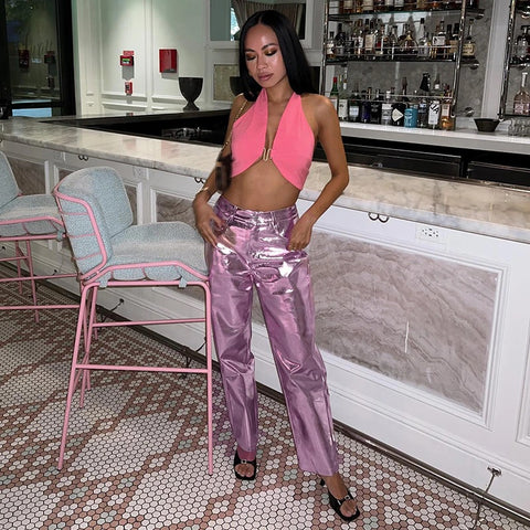 New Fashion Metallic Sparkling Elastic Waist Straight-Leg Pants CODE: KAR1754