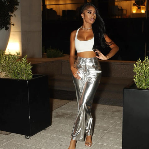 New Fashion Metallic Sparkling Elastic Waist Straight-Leg Pants CODE: KAR1754