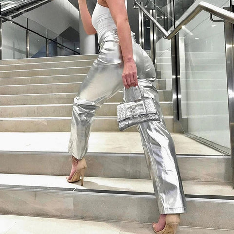 New Fashion Metallic Sparkling Elastic Waist Straight-Leg Pants CODE: KAR1754
