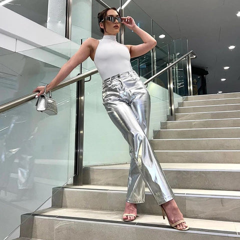 New Fashion Metallic Sparkling Elastic Waist Straight-Leg Pants CODE: KAR1754