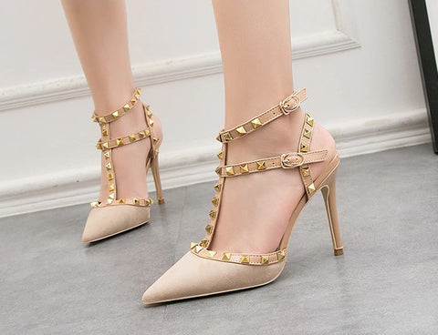 Sexy slim shallow mouth pointed hollow 10CM PUMP high-heel Rivet sandal CODE: KAR1758